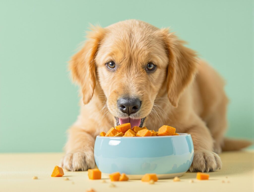 Playful golden retriever puppy eating pumpkin from a blue bowl for digestive health.