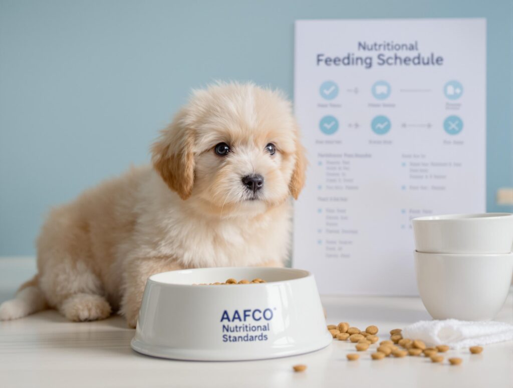 Fluffy puppy with a food bowl, AAFCO standards, and feeding chart, illustrating dog nutrition.