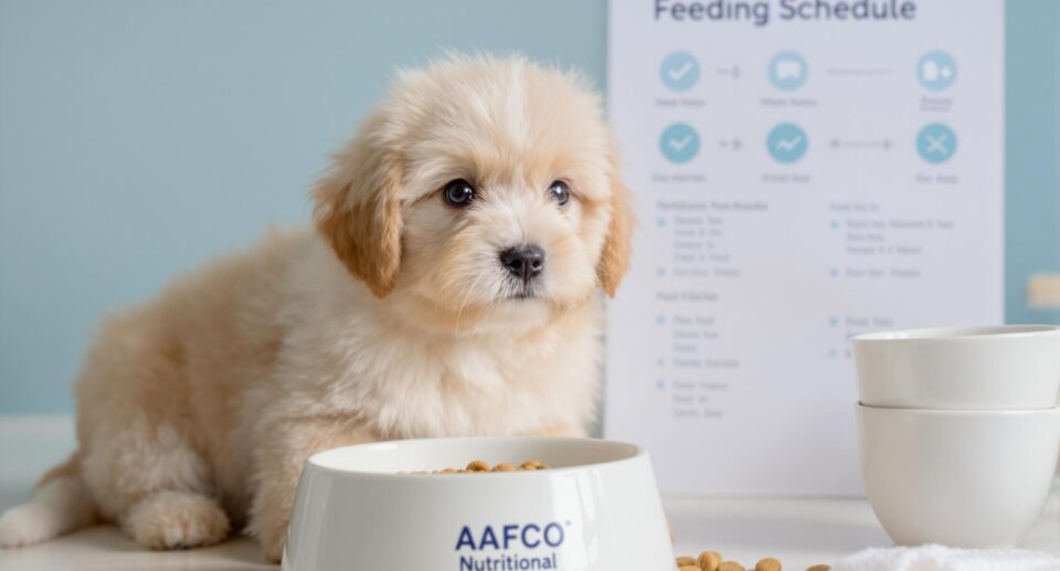 Fluffy puppy with a food bowl, AAFCO standards, and feeding chart, illustrating dog nutrition.