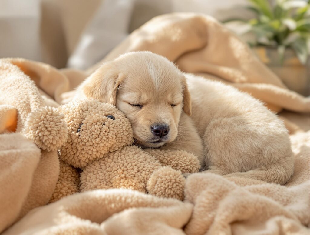A young puppy curled up with a plush toy in a warmly lit room, with half-closed eyes, on a warm-toned blanket, surrounded by hints of green.
