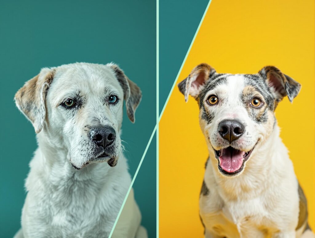 Split-screen image of a mixed-breed dog showing recovery from lethargic to energetic, illustrating pyometra prevention in dogs.