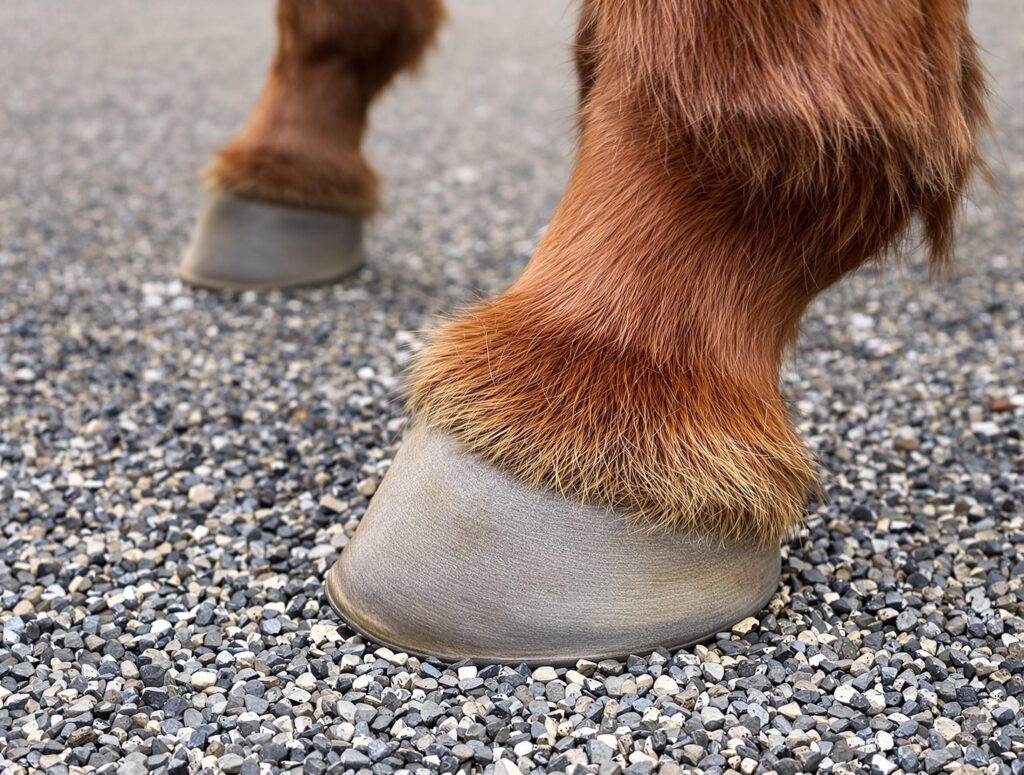 A close up shot of two quarter horse hooves on gravel