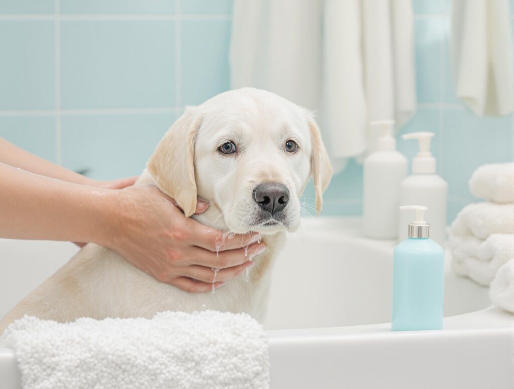 White labrador puppy being bathed in a serene bathroom scene for quick itch relief.