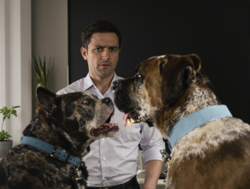 Concerned dog owner with aggressive canine showing rabies symptoms in a dramatic setting.