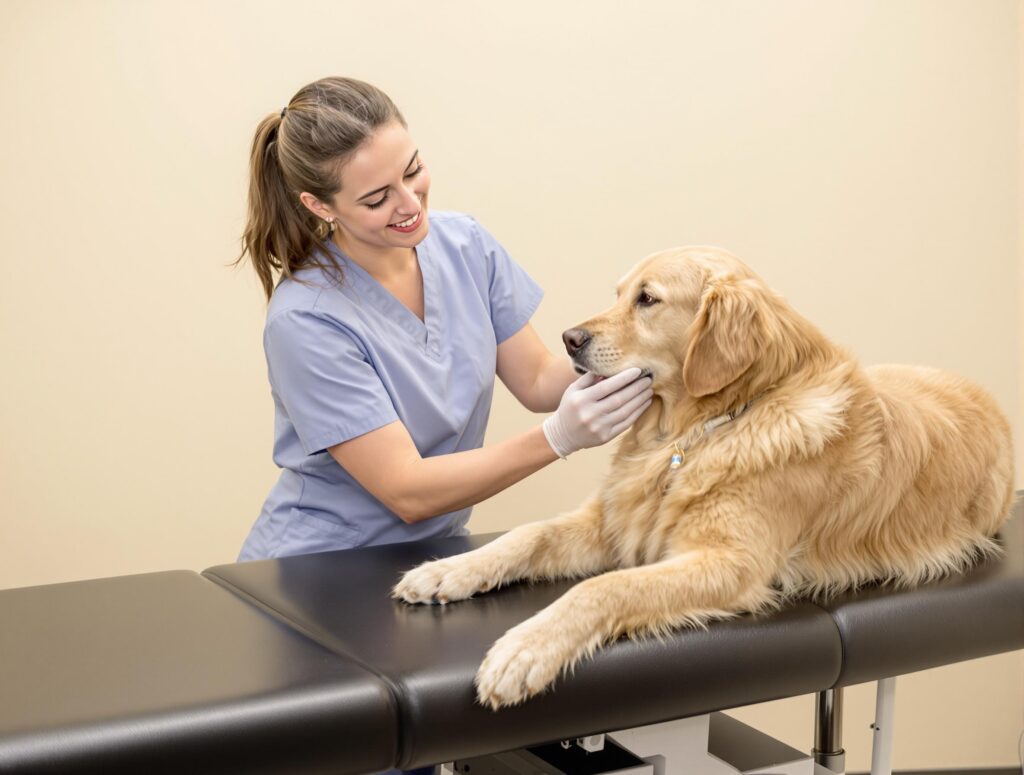 Female veterinarian in blue scrubs giving rabies vaccine to calm golden retriever on exam table.