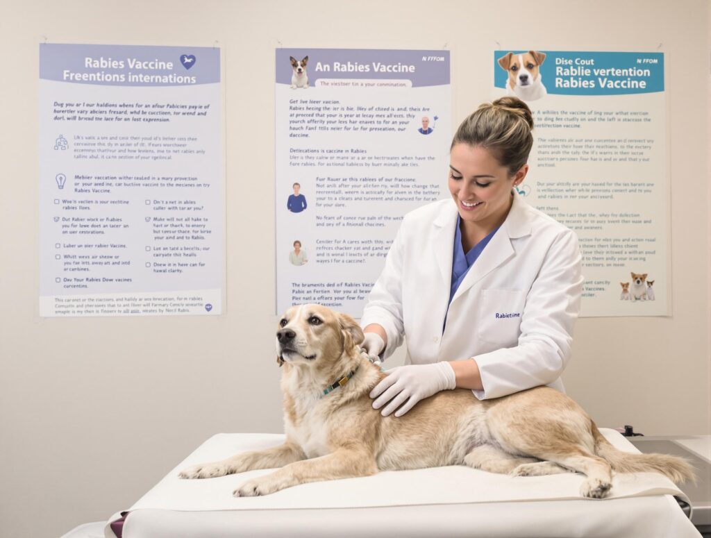 Veterinarian administering rabies vaccine to a calm dog in a modern clinic, highlighting professional care and rabies prevention.