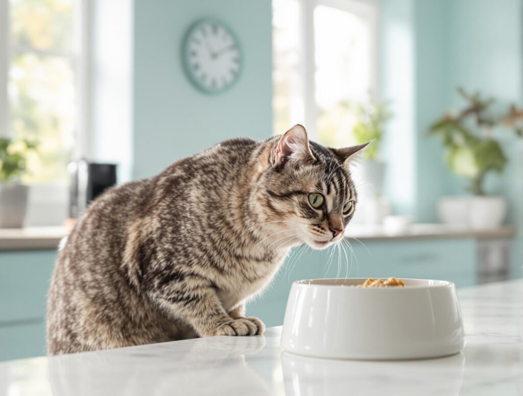 Sleek domestic cat eating raw food from a ceramic bowl in a bright kitchen.