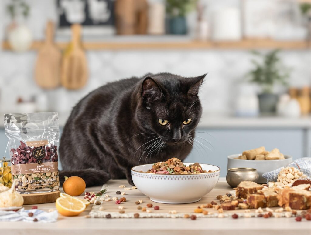 A sleek, healthy cat eating gourmet raw pet food in a stylish kitchen, highlighting premium pet nutrition.