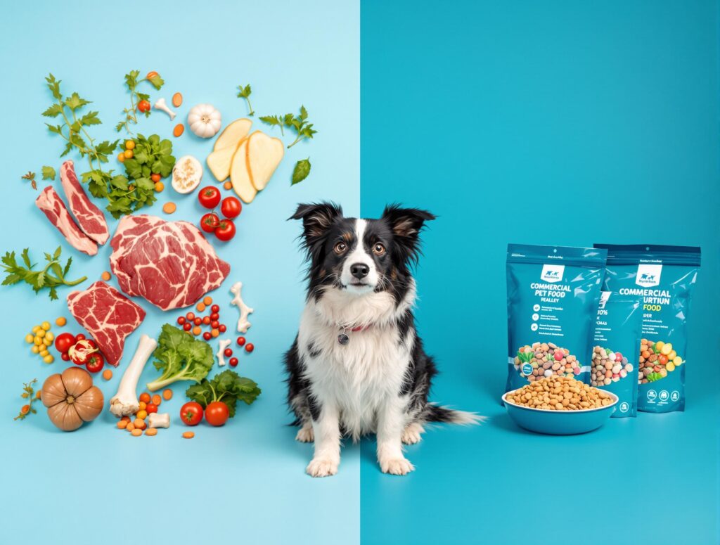 Border collie comparing raw ingredients and commercial pet food, exploring if raw feeding is good for dogs.