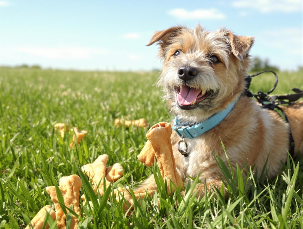 Medium-sized terrier dog with blue collar chewing rawhide treat on grass in sunlight.