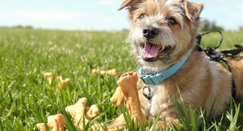 Medium-sized terrier dog with blue collar chewing rawhide treat on grass in sunlight.