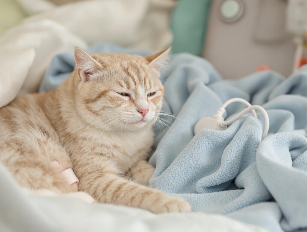 A calm domestic cat resting on a blue blanket with a medical bandage, post-spaying care.