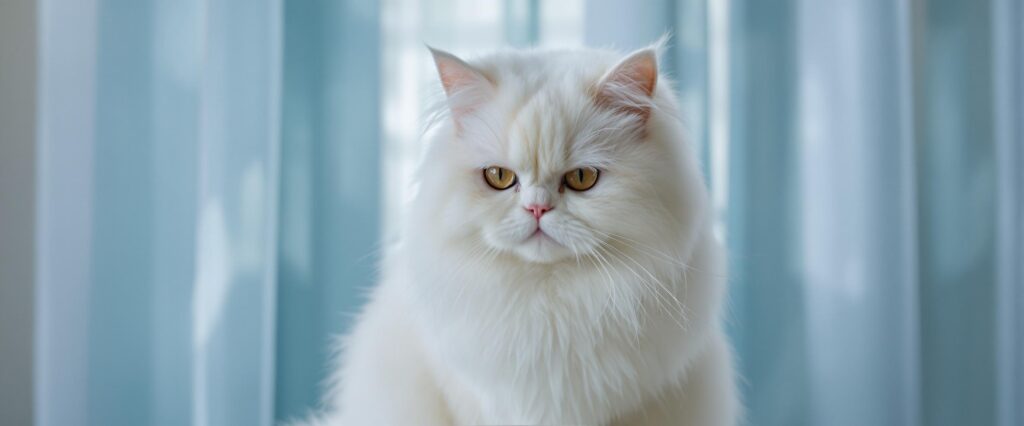 A white Persian cat with long fur looks at the camera. There is a window with blue curtains in the background.