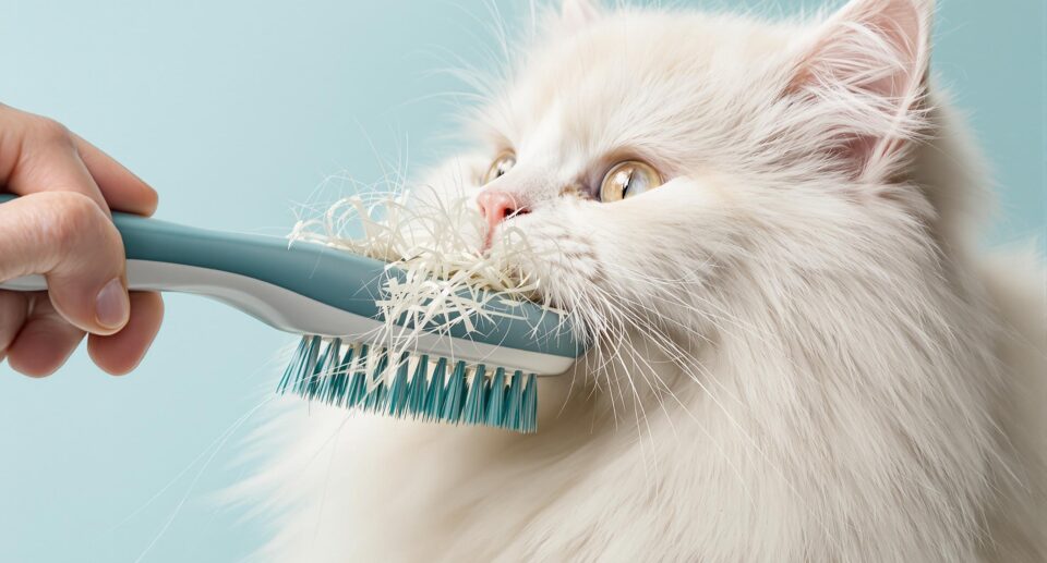 A fluffy white cat being gently brushed to reduce hairballs by a human hand, highlighting its luxurious fur.