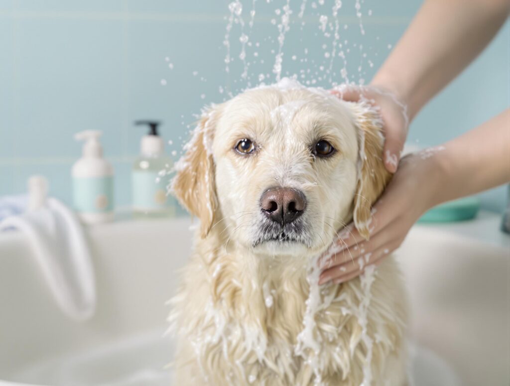 A small light-colored dog enjoys a soothing flea shampoo bath, appearing calm and comfortable.