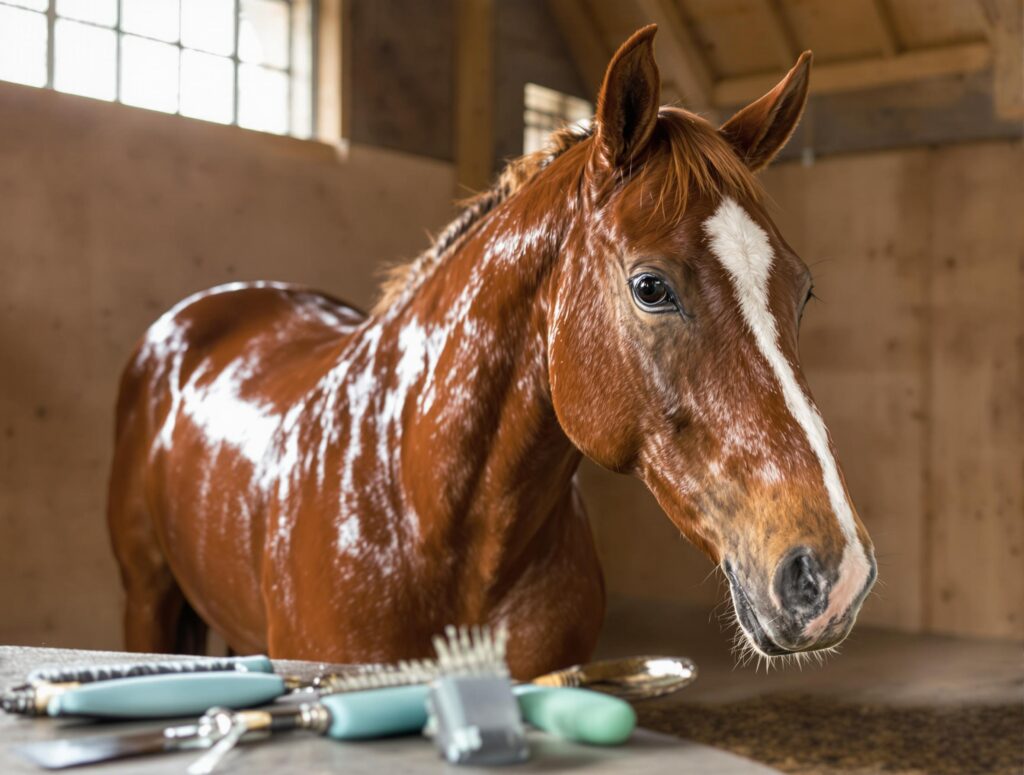 Majestic chestnut horse with a glossy coat being groomed in a rustic barn, showcasing horse's muscular physique and shiny coat.