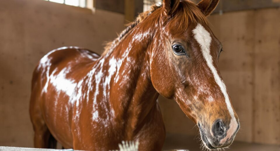 Majestic chestnut horse with a glossy coat being groomed in a rustic barn, showcasing horse's muscular physique and shiny coat.