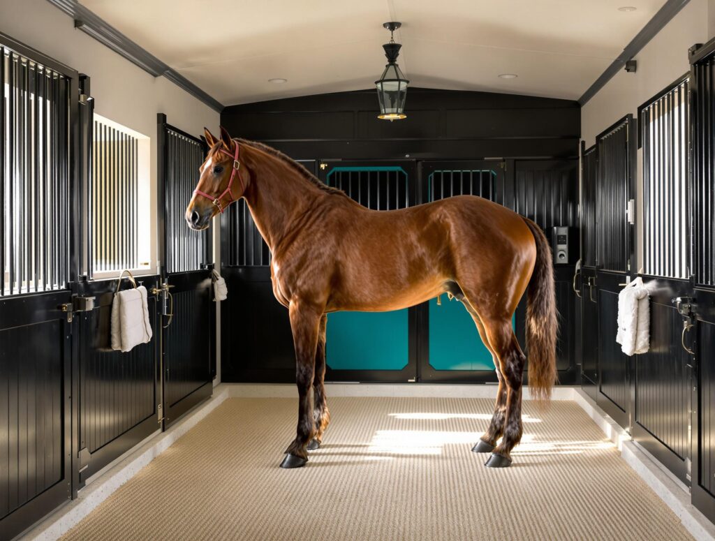 Majestic chestnut horse in a pristine stable, illustrating respiratory issues in horses.