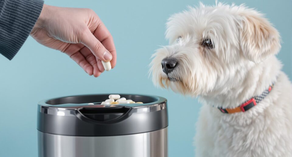 A mid-30s person responsibly disposing of medication into a medical bin, with a white terrier nearby, emphasizing care and safety.