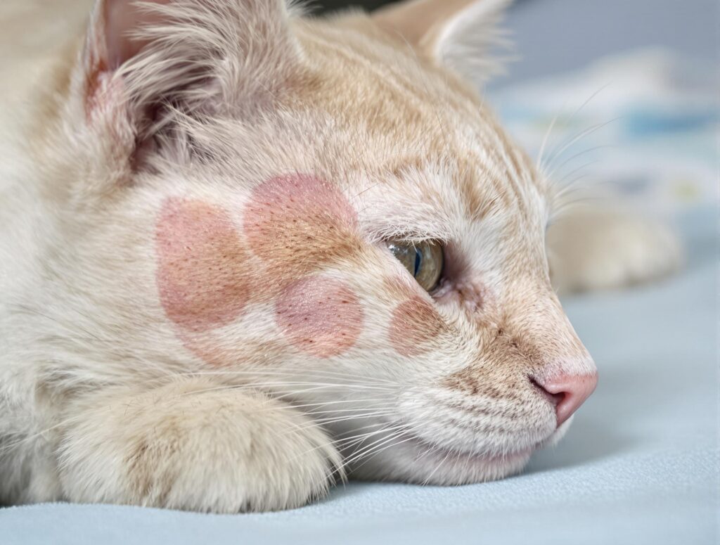 Close-up of a domestic cat with visible ringworm skin condition, showing circular patches on muted fur.