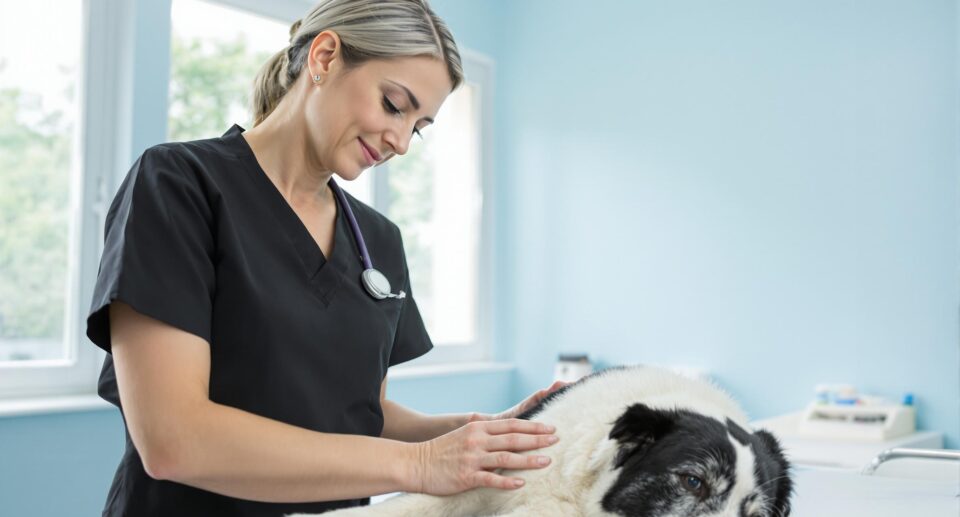 Mid-40s female veterinarian examining elderly mixed-breed dog during a senior blood panel test in a professional clinic setting.