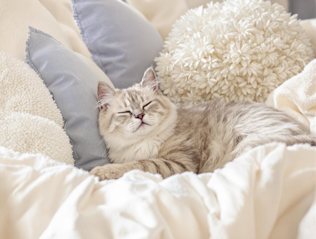 Elderly gray senior cat resting comfortably in a plush bed, illustrating how to care for a senior cat.