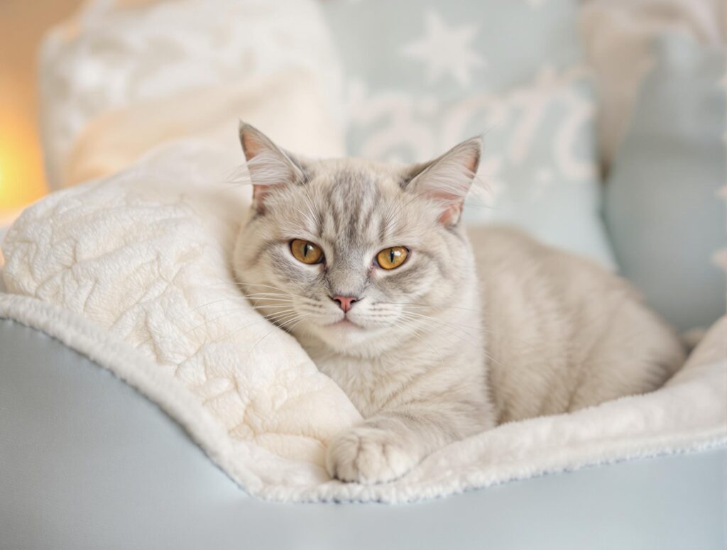 Serene senior cat with silver-gray fur in a plush bed, highlighting feline cognitive dysfunction.