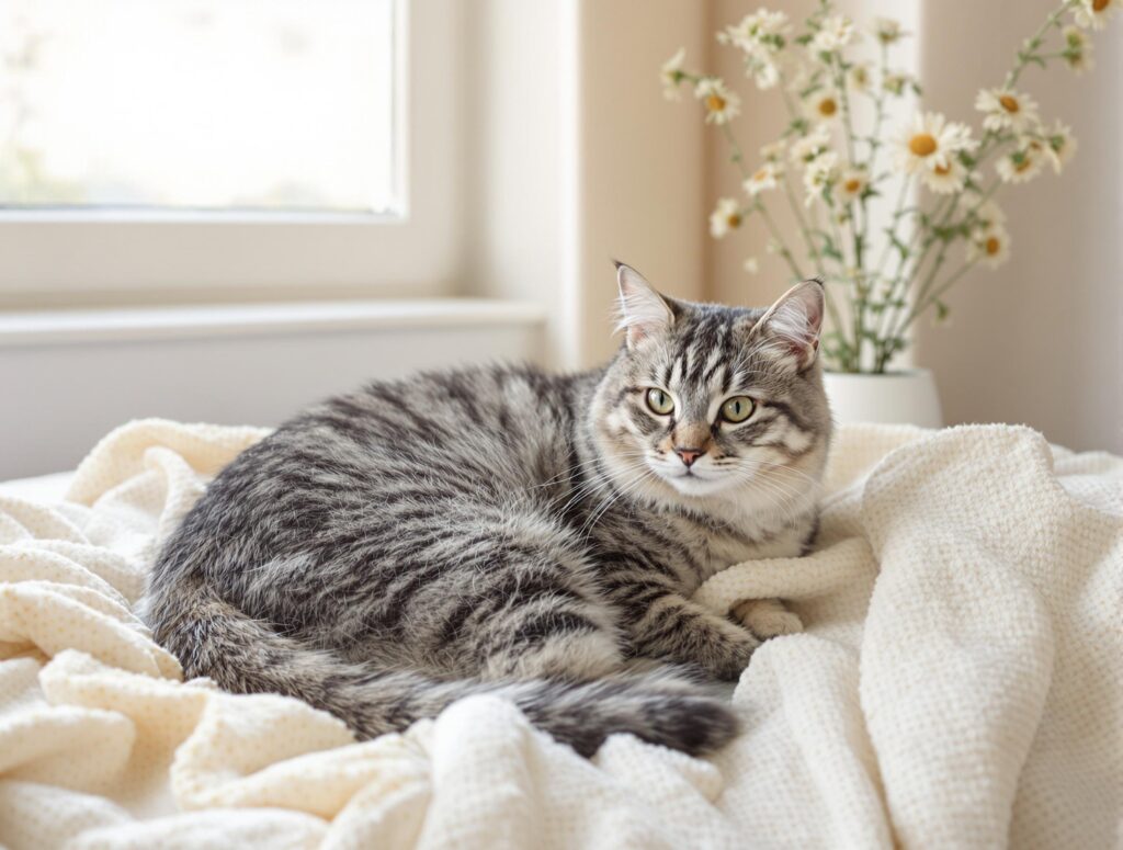 Elegant senior silver tabby cat with relaxed expression on an ivory blanket near a plant, in a warm minimalist space.