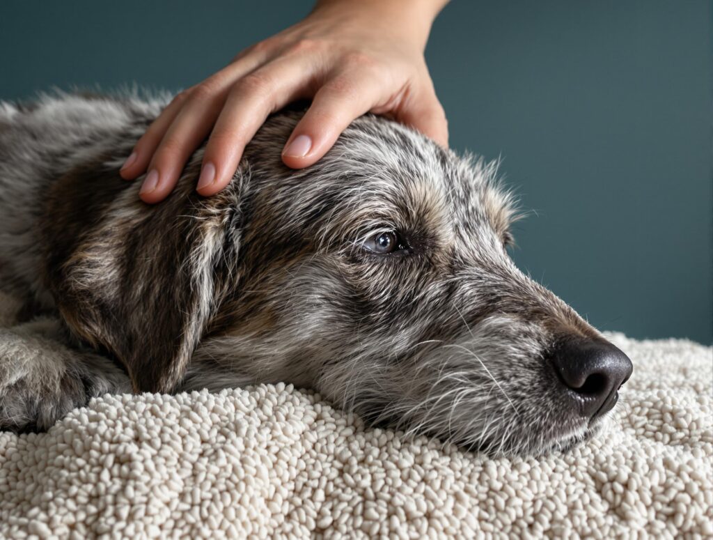 Elderly shepherd mix dog on blanket being gently petted, showcasing senior dog care.