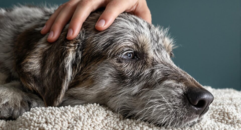 Elderly shepherd mix dog on blanket being gently petted, showcasing senior dog care.