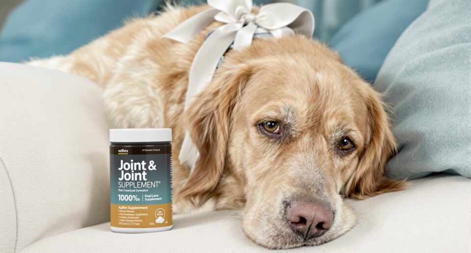 A senior golden retriever resting on a couch with a joint supplement package in the background, emphasizing joint care for senior dogs.