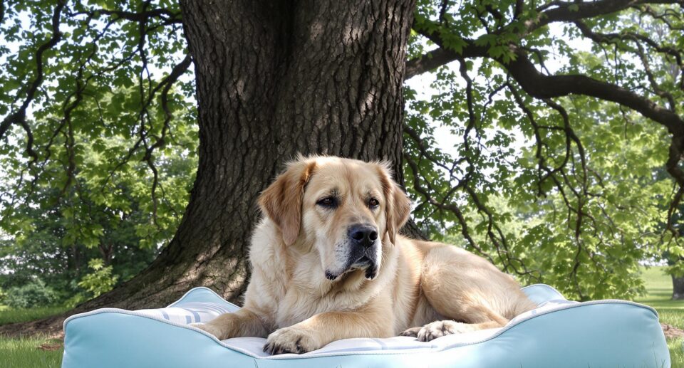 Senior dog resting on a cooling bed under a tree, showcasing how to protect dogs from summer heat.