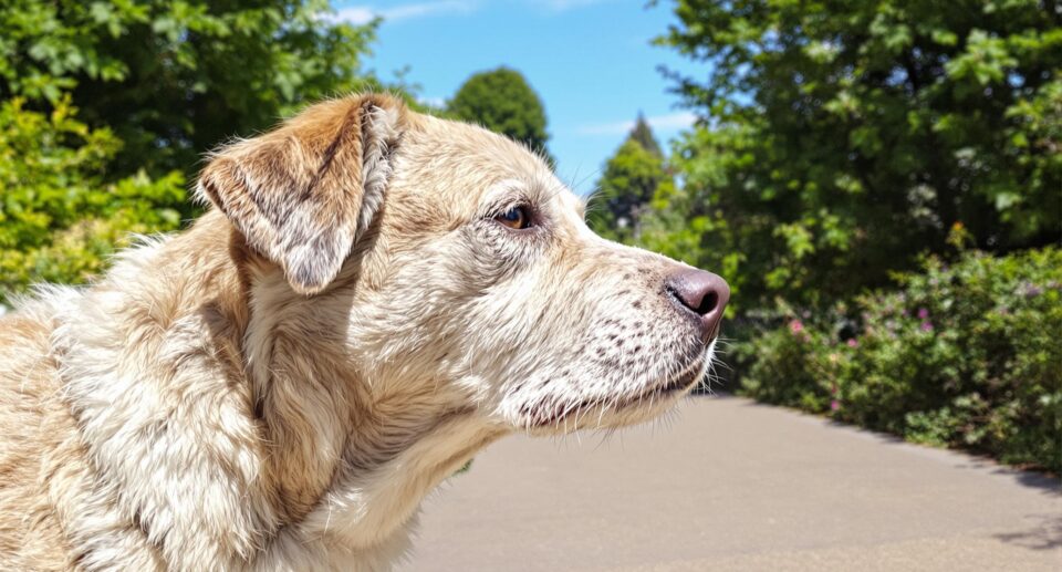 A senior mixed-breed dog with a white muzzle walks along a sunlit park path, symbolizing the grace of aging companionship.