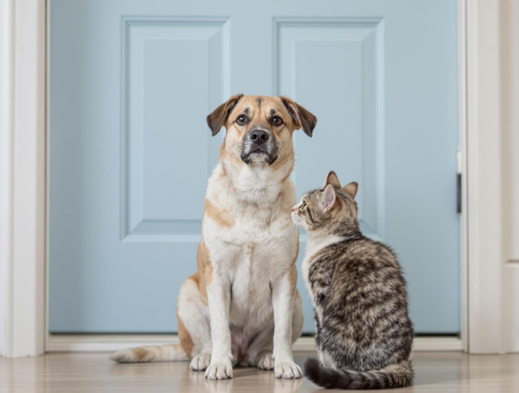 A medium-sized dog showing separation anxiety symptoms sits beside a cat near a wooden door.