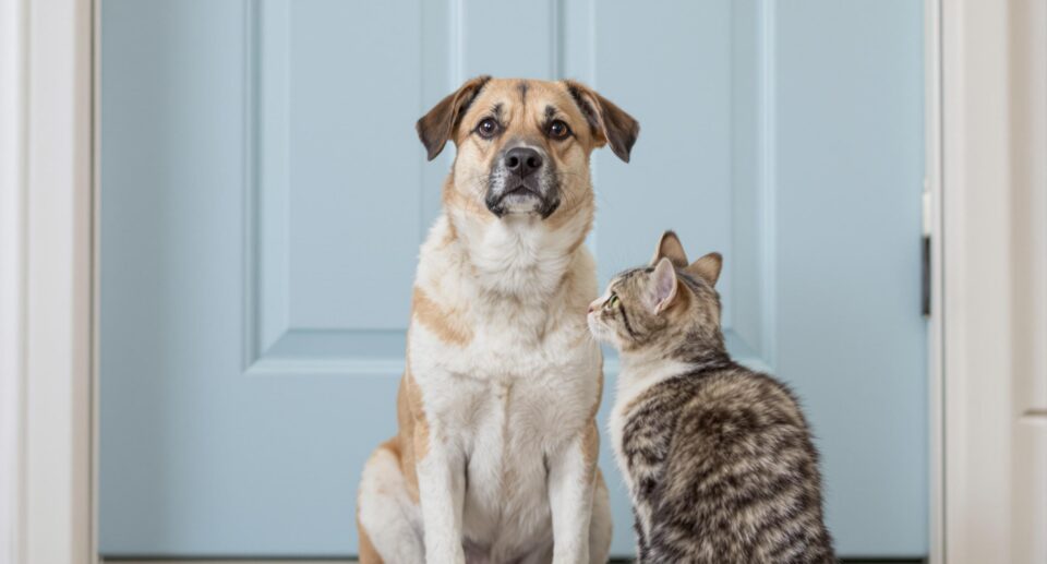 A medium-sized dog showing separation anxiety symptoms sits beside a cat near a wooden door.