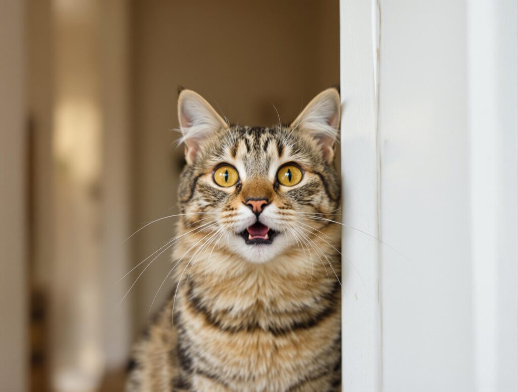 The warm, inviting hues emphasize the cat's fur and the comfortable home environment, highlighting the cat's expressive posture and anticipatory meow.