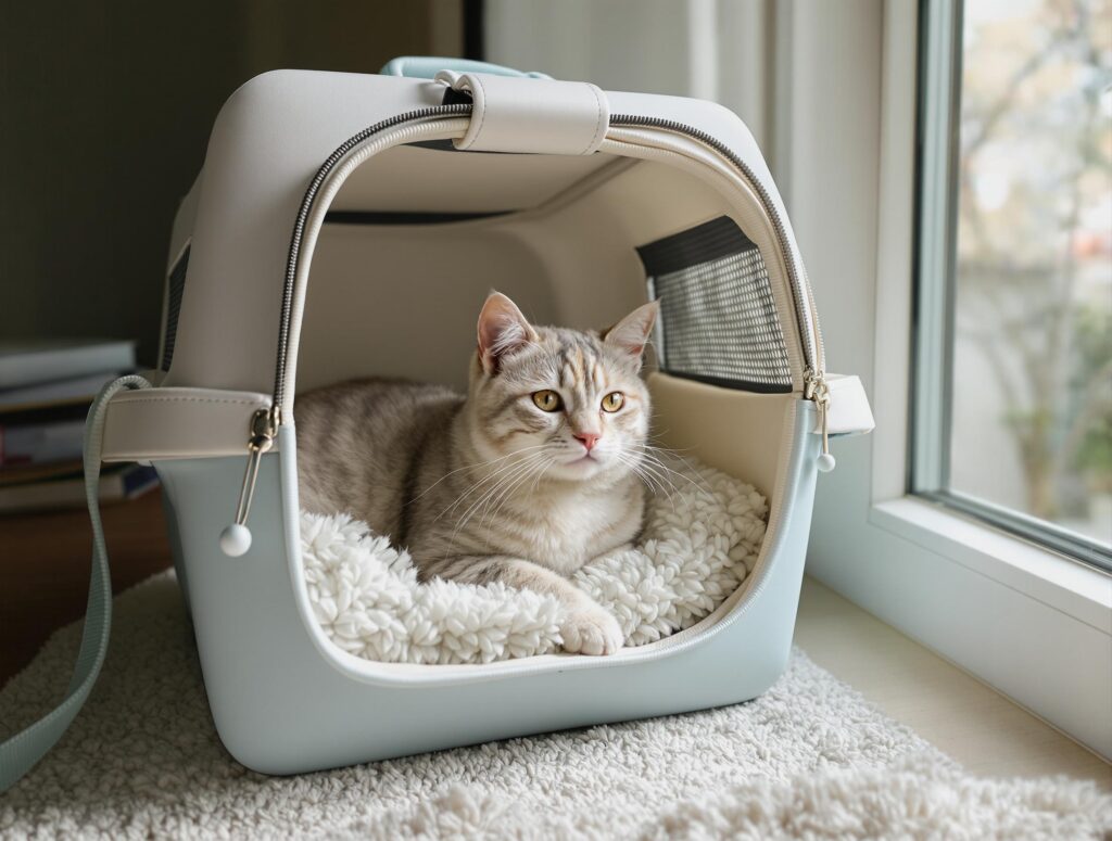 A relaxed domestic cat in a plush-lined pet carrier by a sunlit window, conveying comfort and security.