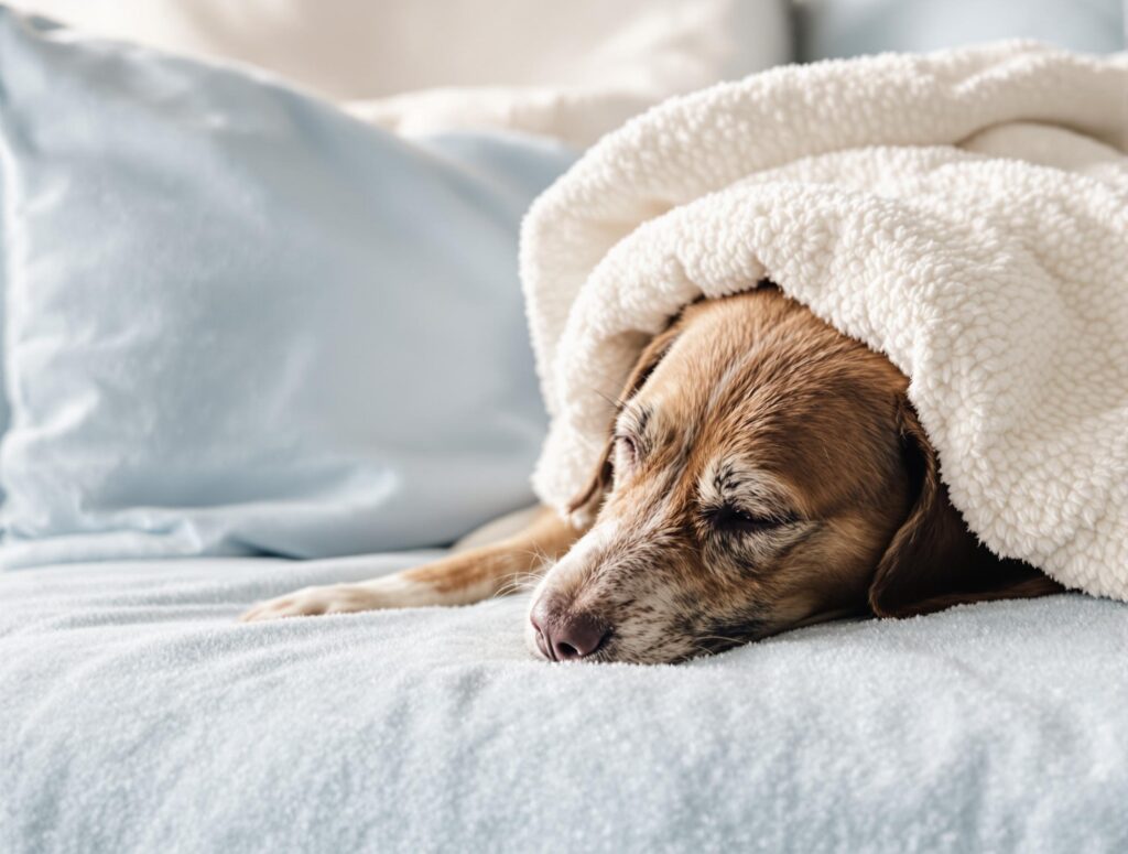 A serene, relaxed dog rests on a plush powder blue bed with an ivory blanket, highlighting a calm and soothing atmosphere.
