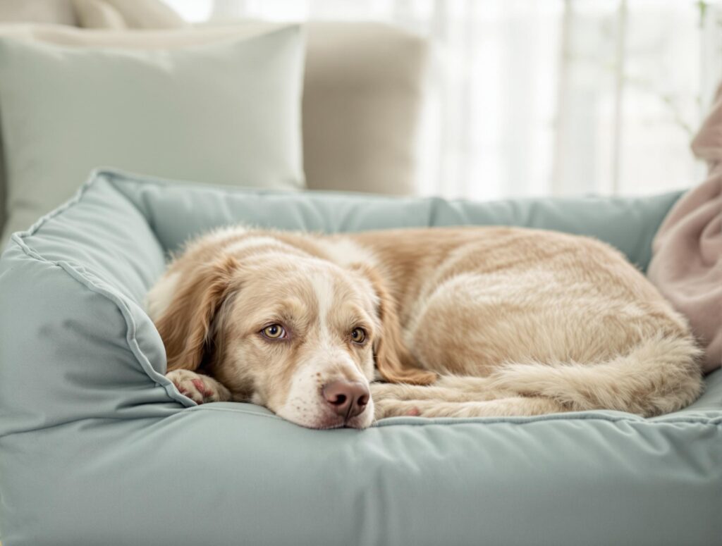 A serene dog resting on a powder blue bed in a minimalist home, highlighting its calm demeanor.