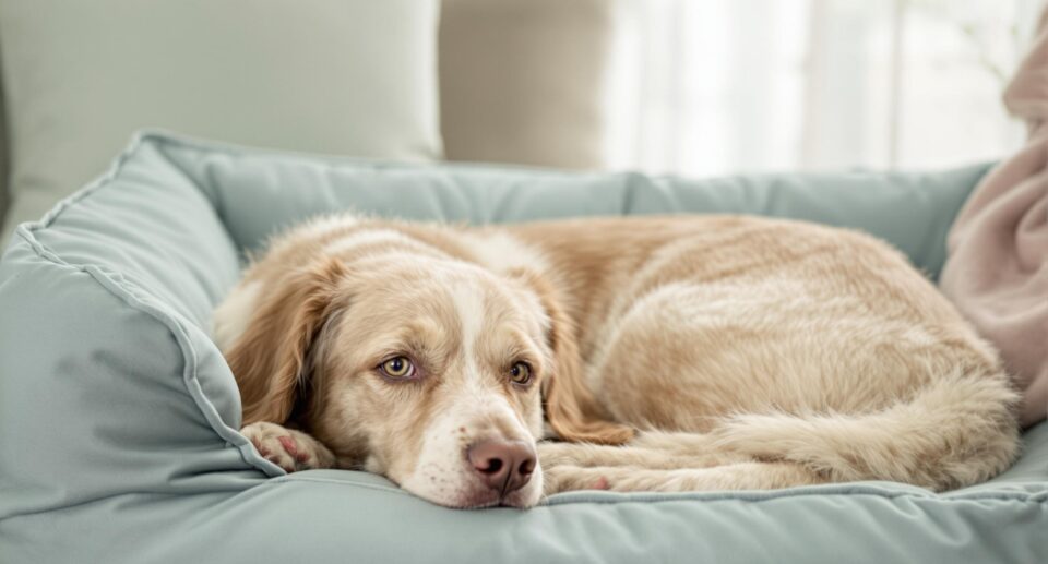 A serene dog resting on a powder blue bed in a minimalist home, highlighting its calm demeanor.