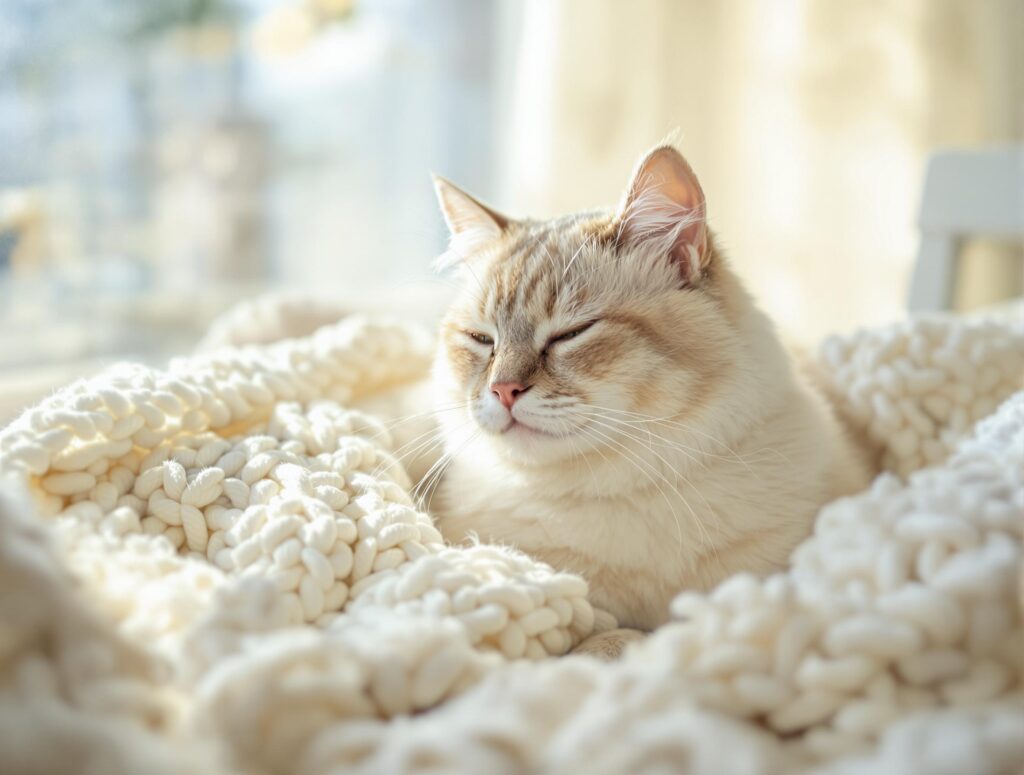 Serene domestic cat resting on cream blankets near a sunlit window, related to blood in cats' urine.