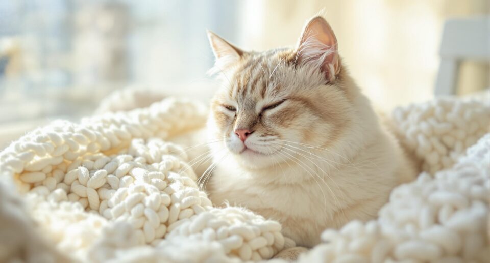 Serene domestic cat resting on cream blankets near a sunlit window, related to blood in cats' urine.