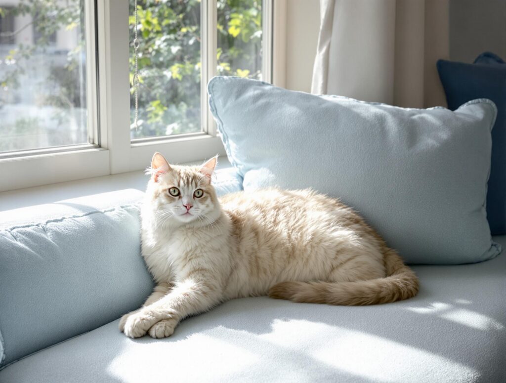A serene domestic cat lounging on a plush blue couch near a sunlit window, creating a tranquil indoor atmosphere.