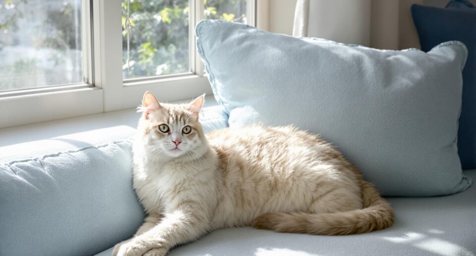 A serene domestic cat lounging on a plush blue couch near a sunlit window, creating a tranquil indoor atmosphere.