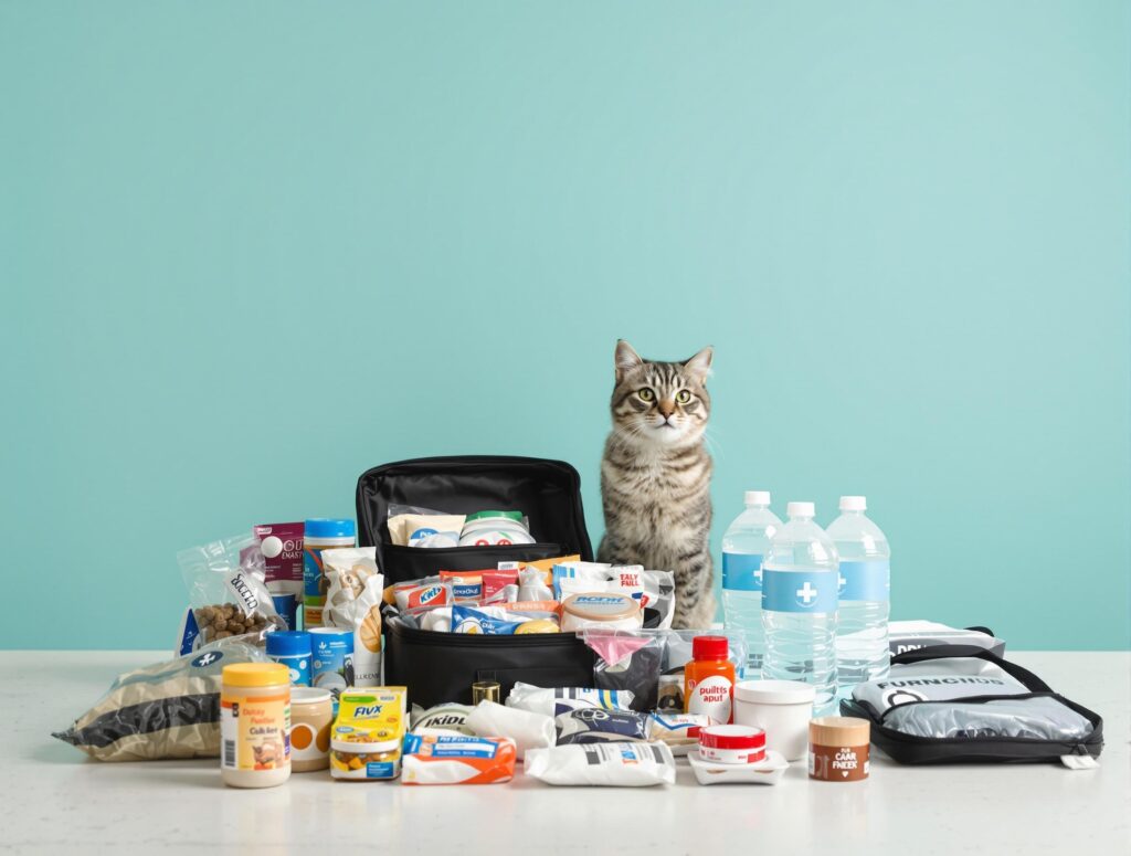 A calm person organizes an emergency kit with a cat nearby, showcasing emergency preparedness essentials.