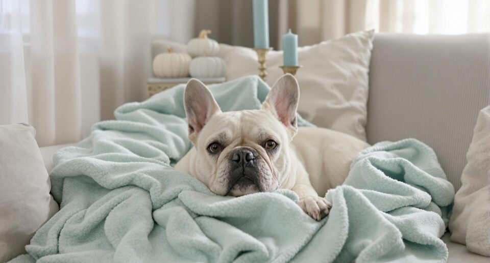 A serene French Bulldog resting on a mint green blanket in a softly decorated Halloween-themed living room.