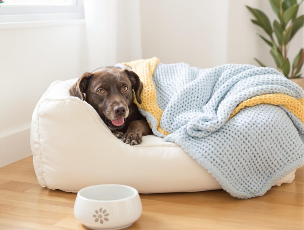A mixed-breed dog relaxes on a cream dog bed with a blue and yellow blanket, emphasizing comfort and care.