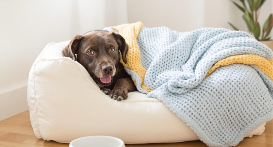 A mixed-breed dog relaxes on a cream dog bed with a blue and yellow blanket, emphasizing comfort and care.