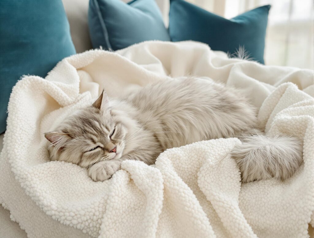 Elderly silver-furred Persian cat resting on a luxurious blue and ivory blanket in a softly lit room.