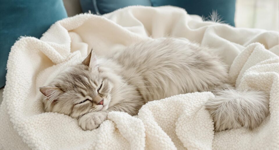 Elderly silver-furred Persian cat resting on a luxurious blue and ivory blanket in a softly lit room.